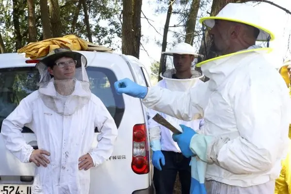 El apicultor franc&eacute;s Gilles Fert (I), imparte un curso de cr&iacute;a de abejas reina en Sueros de Cepeda (Le&oacute;n). Junto a &eacute;l, el responsable de Miel Ecol&oacute;gica Urzapa, Urbano Gonz&aacute;lez (D)