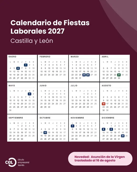 Calendario Fiestas Laborales CYL 2027