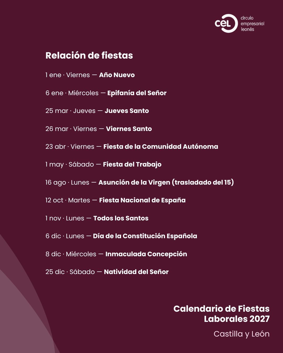 Calendario Fiestas Laborales 2027
