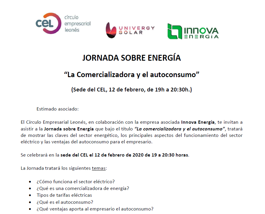 (Aplazada hasta nuevo aviso) Jornada sobre Energía: La comercializadora y el autoconsumo